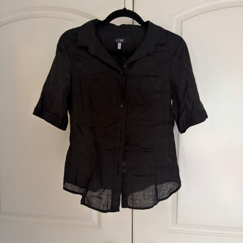Armani Jeans Black 100% Flax Linen Short Sleeve Button Down Shirt Size 8